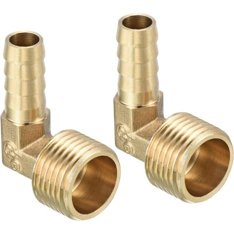 10-mm-Schlauchanschluss mit Widerhaken auf 1/2"-PT-Außengewinde x 2 Stück, 90°-Winkel-Messing-Schlauchanschluss für Luft-, Wasser-, Kraftstoff- und Pneumatikschläuche, Gold (1/5)