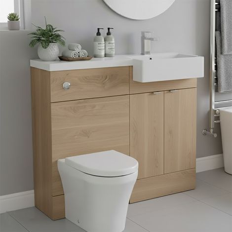 Hudson Reed Fusion Bleached Oak Woodgrain 1000mm 2 Door Combination Vanity Unit Toilet Suite with Right Hand Square Semi Recessed Basin - CBI3049 (1/4)