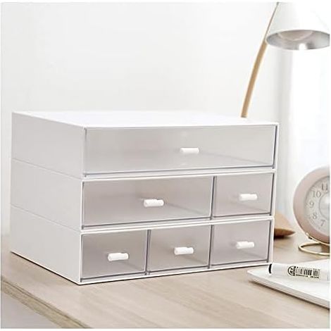 Stapelbarer Schreibtisch-Organizer aus Acryl mit 6 Schubladen und 3 Ebenen Weißer Schreibtisch-Organizer, Aufbewahrung für Make-up und Bürobedarf, ideal für Büro oder Schule (1/5)