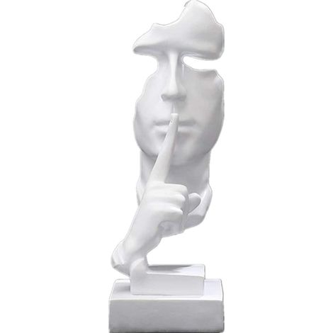 Statuette „Schweigen ist Gold“, 31 cm hoch, die einen Denker darstellt ein modernes und schlichtes Harzobjekt eine kreative, weiße, abstrakte Figur.