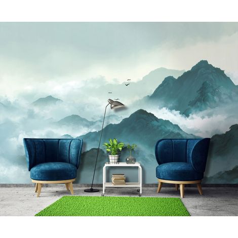 Fototapete Berge Nebel Natur Vögel, für Wohnzimmer und Schlafzimmer, 150 x 105 cm – Komplettset inkl. Kleister & Anleitung (1/5)