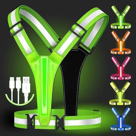 Gilet de Sécurité LED Réfléchissant, Harnais Lumineux Rechargeable USB pour Course Nocturne, Vélos, Équipement Réfléchissant Élastique Haute Visibilité avec Plusieurs Modes d'Éclairage