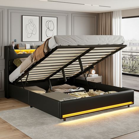 Cama con canapé abatible 140x190 cm - Somier de lamas - Cabecero de cuero sintético PU negro - Iluminación ambiental LED - Estación de carga - Estilo escandinavo (1/5)