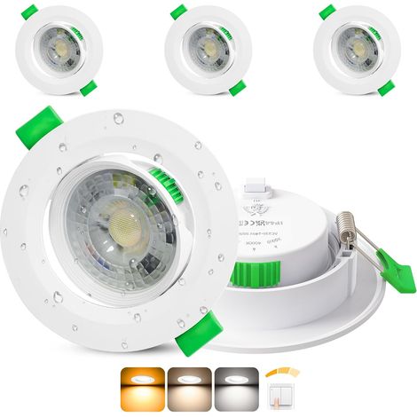 Spot LED Encastrable Dimmable 3 Intensités 230V, 5W Spots de Plafond Orientable Blanc Chaud/Neutre/Froid Réglable, Extra Plat IP44 Spot Salle de Bain, Trou Ø68-80mm, Blanc Lot de 3 (1/5)