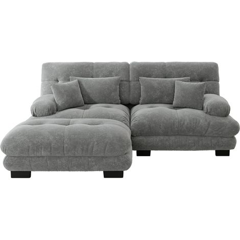 Divano angolare modulare in ciniglia grigia con 2 cuscini lombari, 2 decorativi e pouf (1/5)