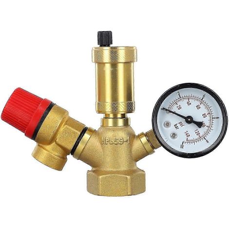 Groupe de sécurité pour chaudière, soupape en laiton avec soupape de décharge de pression automatique, purge et manomètre, compatible avec les systèmes de chauffage. (1/5)