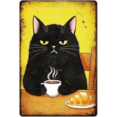 Plaque en étain métallique drôle de chat et de café, Chat noir, Peinture en étain vintage, Plaques, Art mural rétro 30x20 cm, Plaque, Affiche pour la décoration de maison, bureau, café, cuisine (1/5)