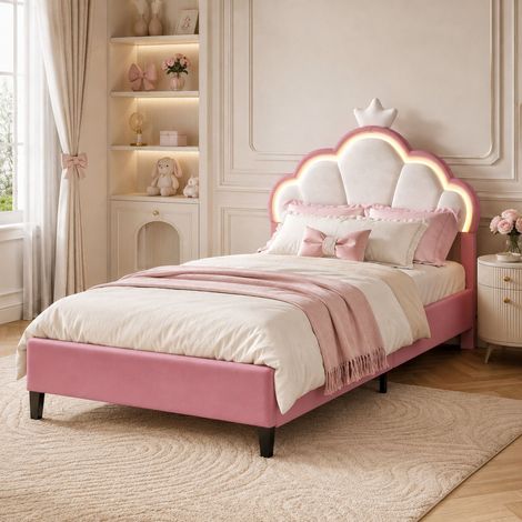 Lit enfant 140x190 cm avec LED RGB, Lit fille avec Tête de lit couronne réglable,  Lit princesse avec sommier, velours rose (1/5)