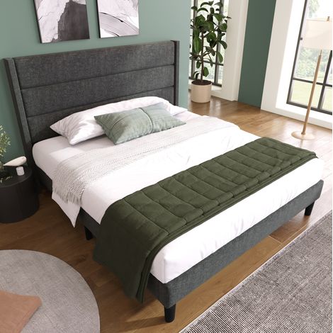 Letto imbottito moderno 140x200 cm con testiera a pannelli, rete a doghe e materasso 7 zone, lino grigio scuro (1/5)