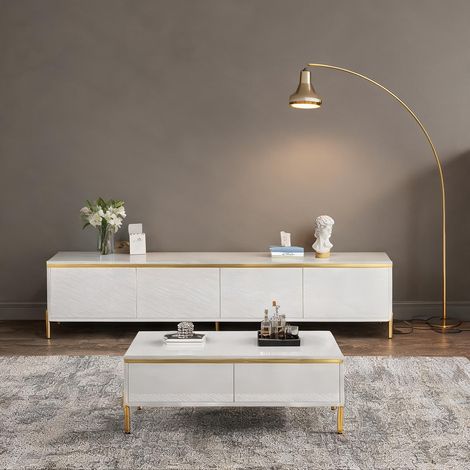 Meuble TV et table basse blanc laqué avec liserés dorés (1/5)