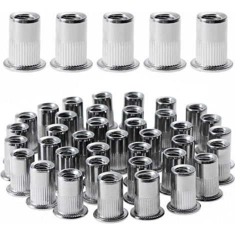 100 pièces M6 écrou à rivet fileté à tête plate,écrous à riveter fileter en acier inoxydable,assortiment inserts filetés pour mental plastique (12 mm × 15 mm)
