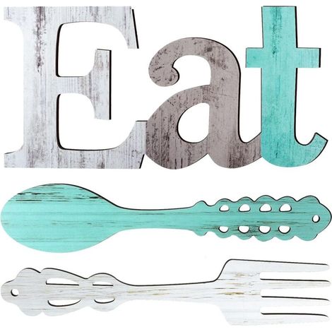 Lot de panneaux EAT, décoration murale fourchette et cuillère, décoration rustique en bois, lettres mignonnes pour la cuisine et la maison, lettres décoratives en bois à suspendre (1/5)