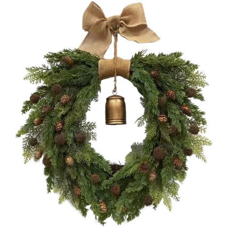 RHG Couronne de Noël avec clochettes de 50 cm et nœud en tissu de chanvre fait main - Décoration d'intérieur en matériaux naturels (1/5)