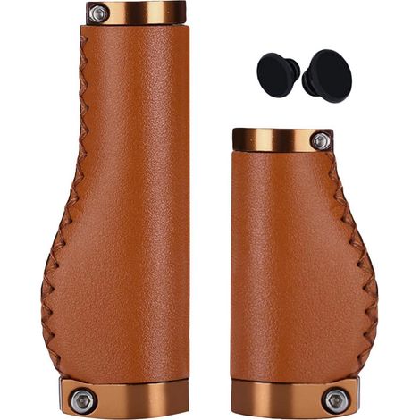 Ergonomische Fahrradgriffe Leder Braun, Stoßdämpfend, Rutschfest, Doppelverschluss, 22mm Lenker (1/5)
