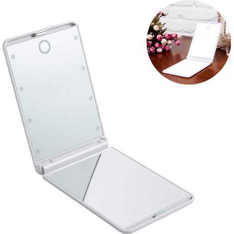 Espejo cosmético, plegable y portátil, 8 LED, brillo ajustable, sensor táctil, lupa 2x, para viajes u oficina. (1/5)