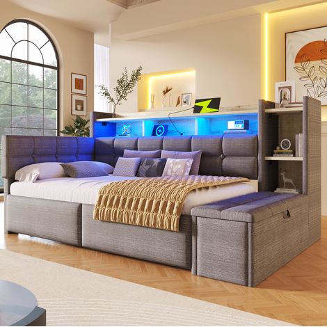 Cama de día moderna 90x190 cm en terciopelo gris oscuro con cabecero, 2 cajones, banco arcón, LED, USB y Type-C (1/5)