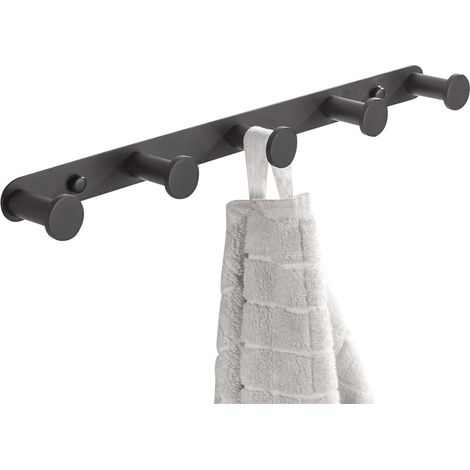 Porte-serviettes mural noir 5 crochets 33cm en acier inoxydable mat, patère pour salle de bain (1/4)
