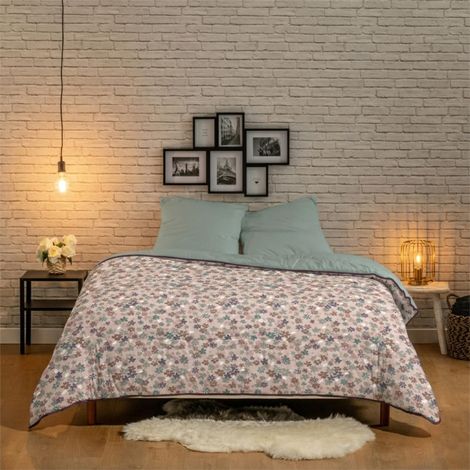 Couette Chaude Imprimée Florale Réversible 220x240 cm pour Lit 2 Personnes, 100% Microfibre, Beige Poudré/Vert Sauge (1/4)