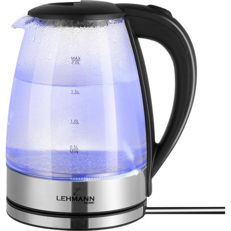 Lehmann Bouilloire en verre 2 litres, 2200W, bouilloire électrique en verre avec rétro-éclairage LED, arrêt automatique et protection contre la surchauffe, socle pivotant, sans BPA (1/5)