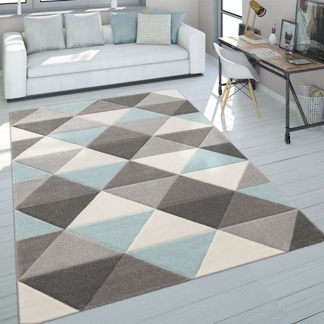 Paco Home Alfombra Pelo Corto Salón Turquesa Gris Tonos Pastel Motivo Rombos Triángulos 60x100 cm