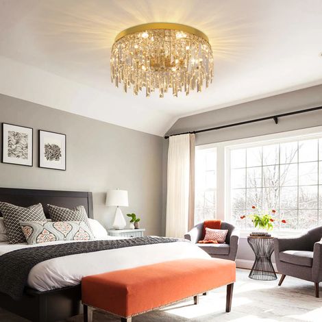 Lustre de plafond en cristal doré – Décoration maison, plafonnier LED de luxe – Pour salon, chambre et cuisine – Diamètre 40 cm (1/5)
