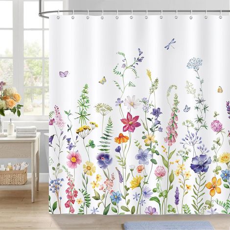 Duschvorhang mit Frühlings-Aquarellmuster, 180 x 180 cm, Wildblumen, waschbarer Polyesterstoff mit 12 Haken