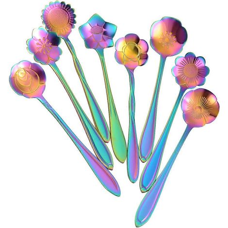 Set mit 8 Blumenlöffeln, wiederverwendbaren Edelstahl-Teelöffeln, Rührlöffeln, Kaffeelöffeln, Zuckerlöffeln, Dessertlöffeln, Kuchenlöffeln, Eiscremelöffeln, Teelöffeln (1/5)