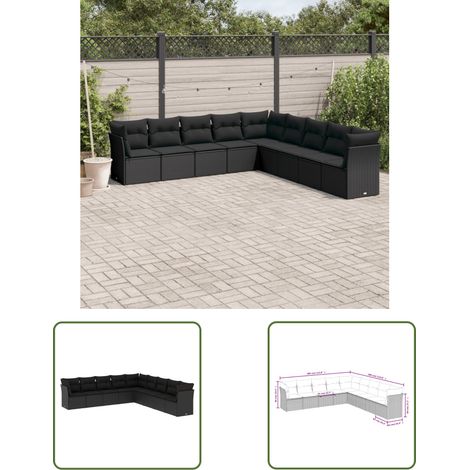 The Living Store Salon de jardin 9 pcs avec coussins noir résine tressée - Ensemble Salon De Jardin - Mobilier Extérieur - Canapé Jardin - Résine Tressée - Rotin Synthétique (1/3)