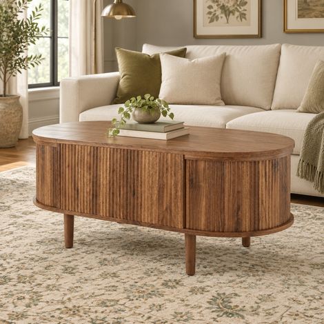 Tavolino da salotto sollevabile ovale in MDF, color noce, 100 x 48 x 53,5 cm (1/5)