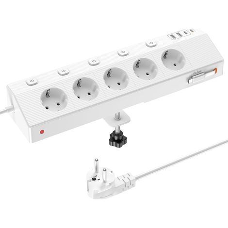 1 Multiprise 5 Prises Secteur, 5 USB Dont Type-C PD 30W, Interrupteurs Individuels, Protection Surtension, Câble 2M Pour Bureau Et Maison (1/5)