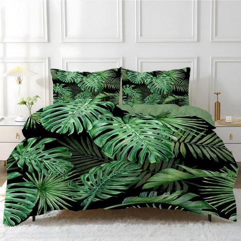 Ensemble de literie 200x200 cm avec motif feuille de palmier, microfibre, 3 pièces