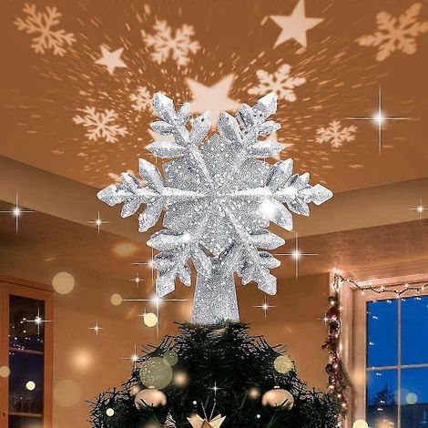Adorno para la cima del árbol de Navidad con forma de copo de nieve iluminado y proyector LED, copo de nieve blanco y estrella giratoria. (1/5)