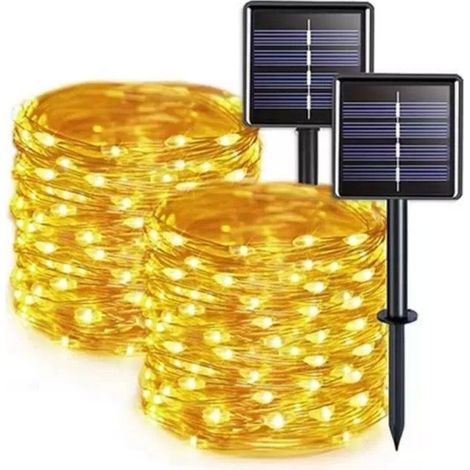Lot 2 guirlandes solaires extérieur 12m chacune 100 LED, fil cuivre étanche 8 modes blanc chaud jardin mariage clôture (1/4)