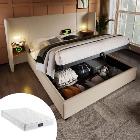 Lit double 160x200 coffre avec table de chevet intégrée, lampe et USB-C, sommier bois/métal, lin beige (avec matelas) (1/5)
