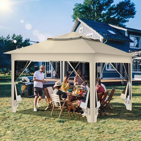TolleTour Faltpavillon Pop-up 3,3×3,3 m Gartenpavillon Pavillon mit Moskitonetz & UV-Schutz – Schnellaufbau Sonnenschutz Pavillon mit doppelt belüftetem Dach, inkl. Tragetasche & Sandsäcke, Beige