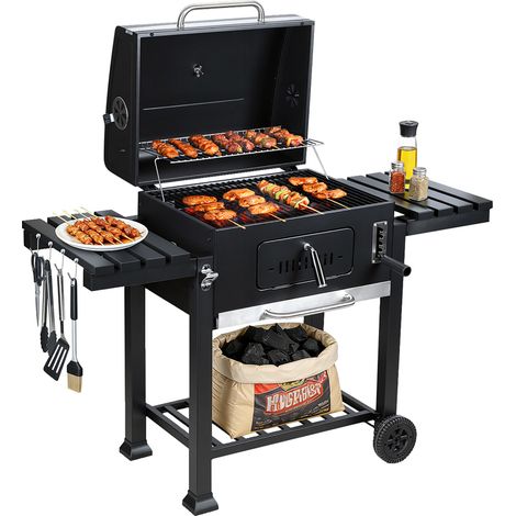 TolleTour Barbecue a carbone, grill da giardino con 2 ruote e indicatore di temperatura, barbecue con due ripiani laterali pieghevoli