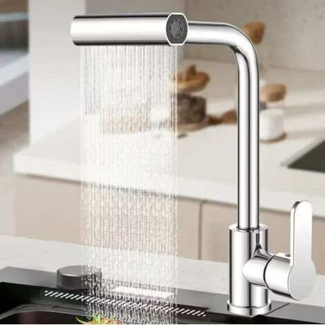 Küchenarmatur mit Ausziehbrause, 360° drehbare Küchenarmatur mit Ausziehbrause, 4 Wassergeschwindigkeiten, Warm- und Kaltwasser (silber) (1/5)