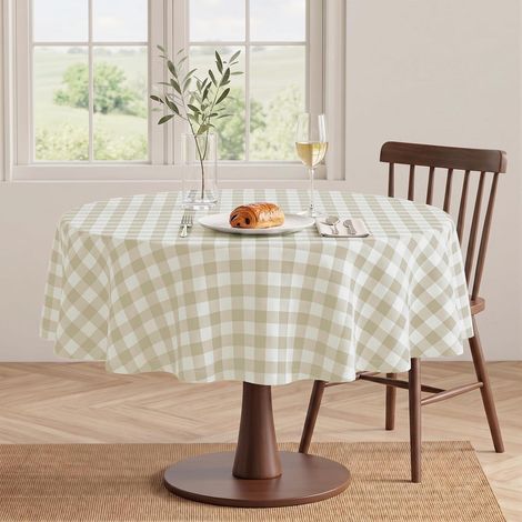 Nappe ronde 180 cm à carreaux, hydrofuge, lavable, kaki-blanc