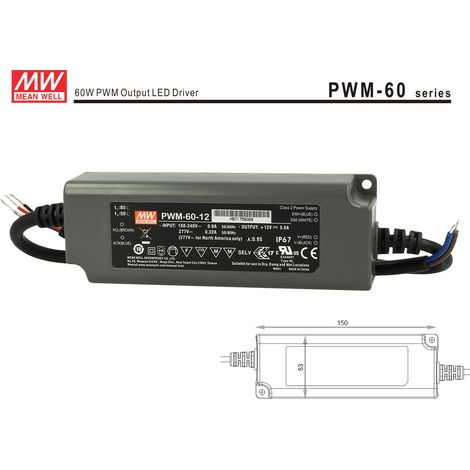 Alimentatore Led MW MEAN WELL PWM-60-12 Dimmerabile 60W 12V IP67 Dimming 3 in 1 0-10V 10V PWM Resistance (1/3)