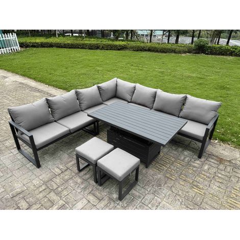 Fimous 8 Piece L-shaped Garden Furniture Set 9-Seater Aluminium Outdoor Dining Set with Adjustable Rising Lifting Dining Table 2 Small Footstools Dark Grey (1/5)