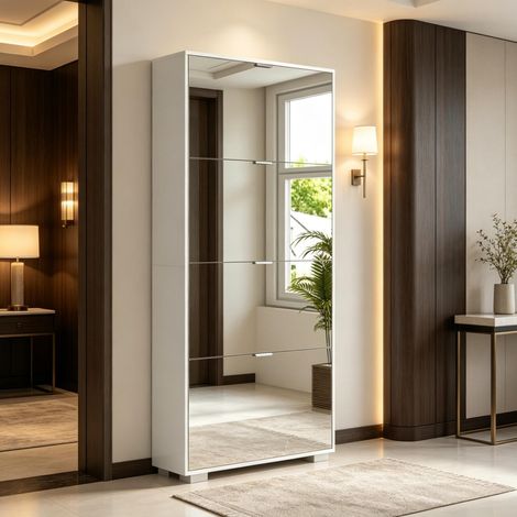 Chaussure 2-en-1 avec façades miroirs, 4 portes rabattables, étagères réglables, capacité jusqu'à 24 paires de chaussures, dimensions 76 x 26 x 168 cm pour vestibule (1/5)
