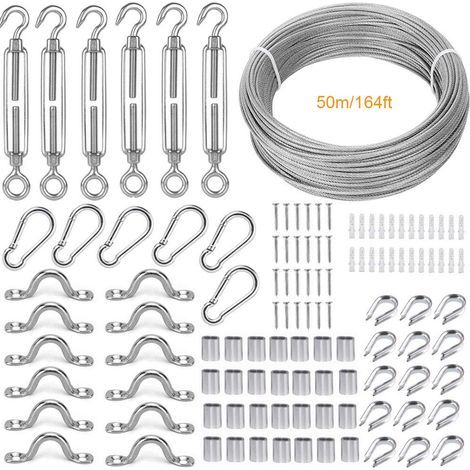 Corde en Acier Inoxydable à Suspendre Kit,50M/2mm Cable en Acier Inoxydable Revêtu,avec M5 Tendeur Câble et Crochet,Accessoires de Cable Inox Pour Rambarde,Cordes à linge,Cable Suspension (1/5)