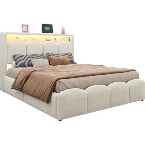 Letto Contenitore 140 x 200 cm, USB, Type-C, LED Regolabile e Vano nel Testiera, senza Materasso, Beige (1/5)