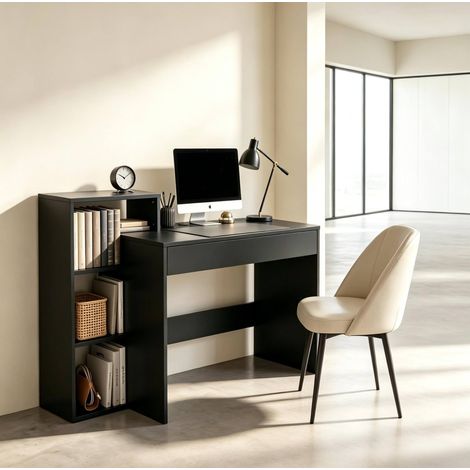 Escritorio de ordenador con 3 estantes de almacenaje y cajón, 100 x 40 x 90 cm, negro, OKWISH (1/5)