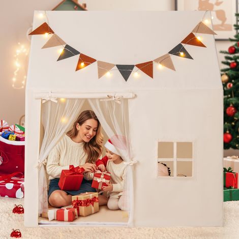 Tente de Jeu pour Enfants Tente avec Tapis Antidérapant Rembourré Drapeaux Guirlandes Lumineuses Fenêtres pour 3-14 Ans Beige (1/3)