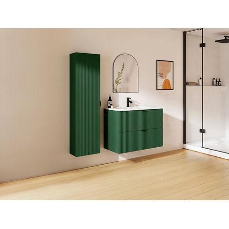 Mobile bagno sospeso con scanalature con lavabo da incasso e colonna - Verde opaco - 80 cm -ZEVINI (1/5)