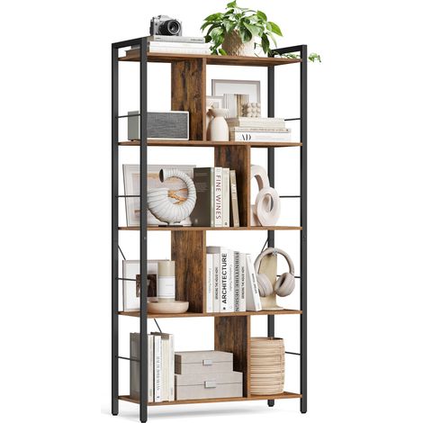 Bibliothèque, étagère de Salon à 5 étages, étagère de Rangement avec Compartiments Ouverts pour Bureau à Domicile, Chambre à Coucher, Style Industriel, Marron Rustique et Noir (1/5)