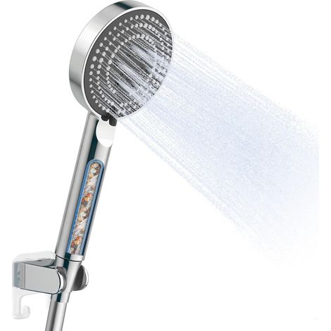 Pommeau de Douche avec Tuyau en PVC de 1.6m et Support, Pommeau Douche Anti Calcaire, 100 mm Pomme de Douche Filtrant avec 6 Modes de Jet, Douchette Economie d'eau, Facile à Nettoyer, Chrome (1/5)