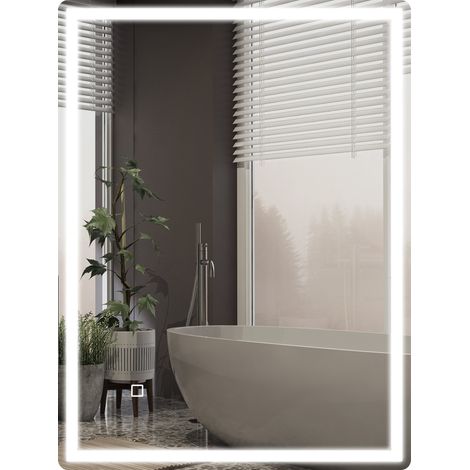 Antibeschlag-LED-Badezimmerspiegel mit Schalter, Maße 60x80 cm, glänzend weiß.