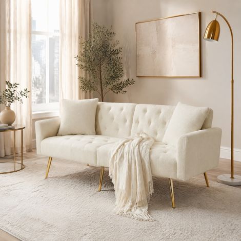 Divano a 2 posti beige in tessuto teddy bouclé con schienale reclinabile e gambe in metallo (1/5)